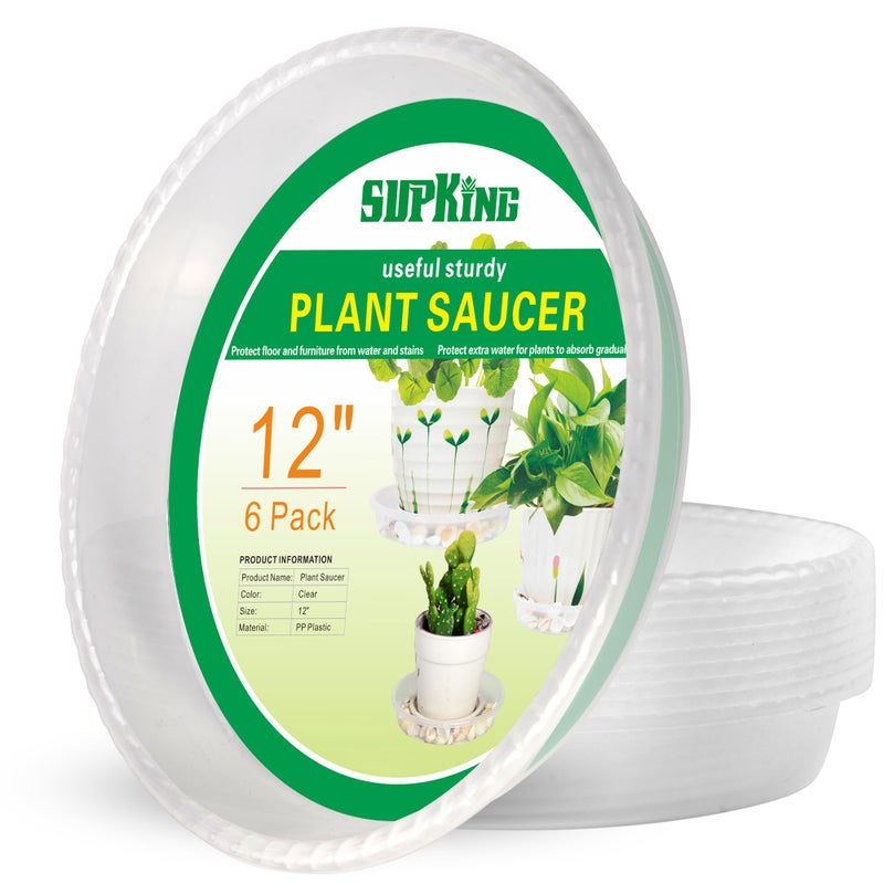 SupKing 6 Pack Plant Saucers Drip Tray,6 8 10 12 14 15 Inch Heavy Sturdy Plastic Flower Pot Saucers for Indoor,Clear Plastic Planter Water Tray for Plant Pots Liners (12''-Clear) - Image 1